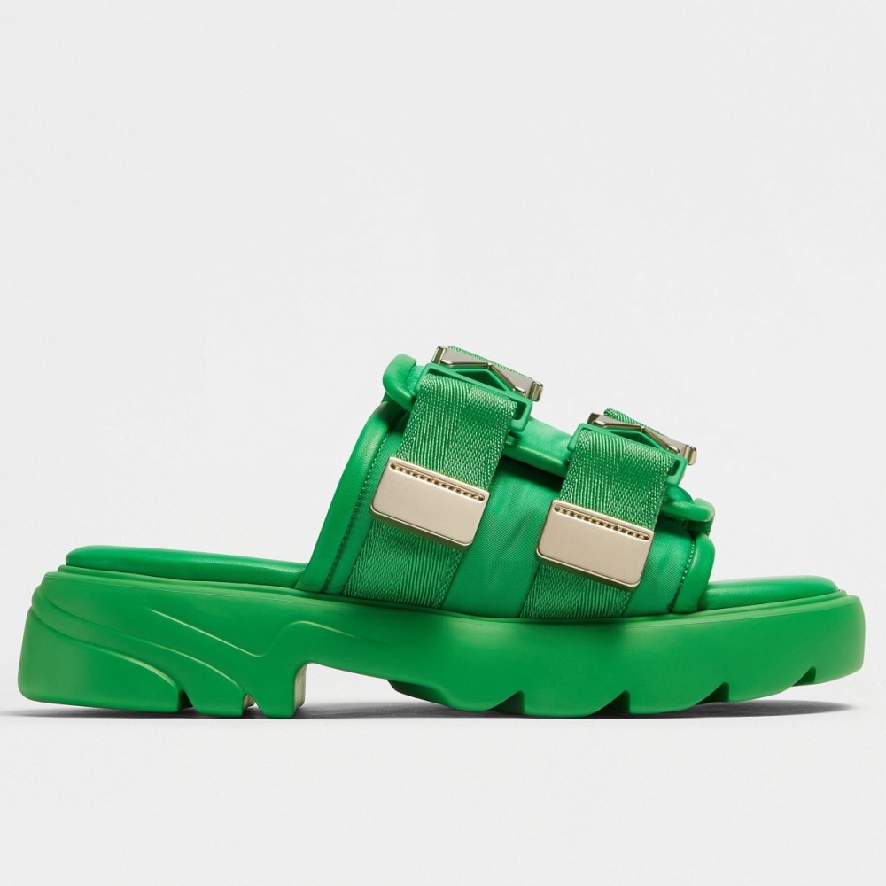 Bottega Veneta Flash Flat Sandals In Green Technical Fabric TDSS12138