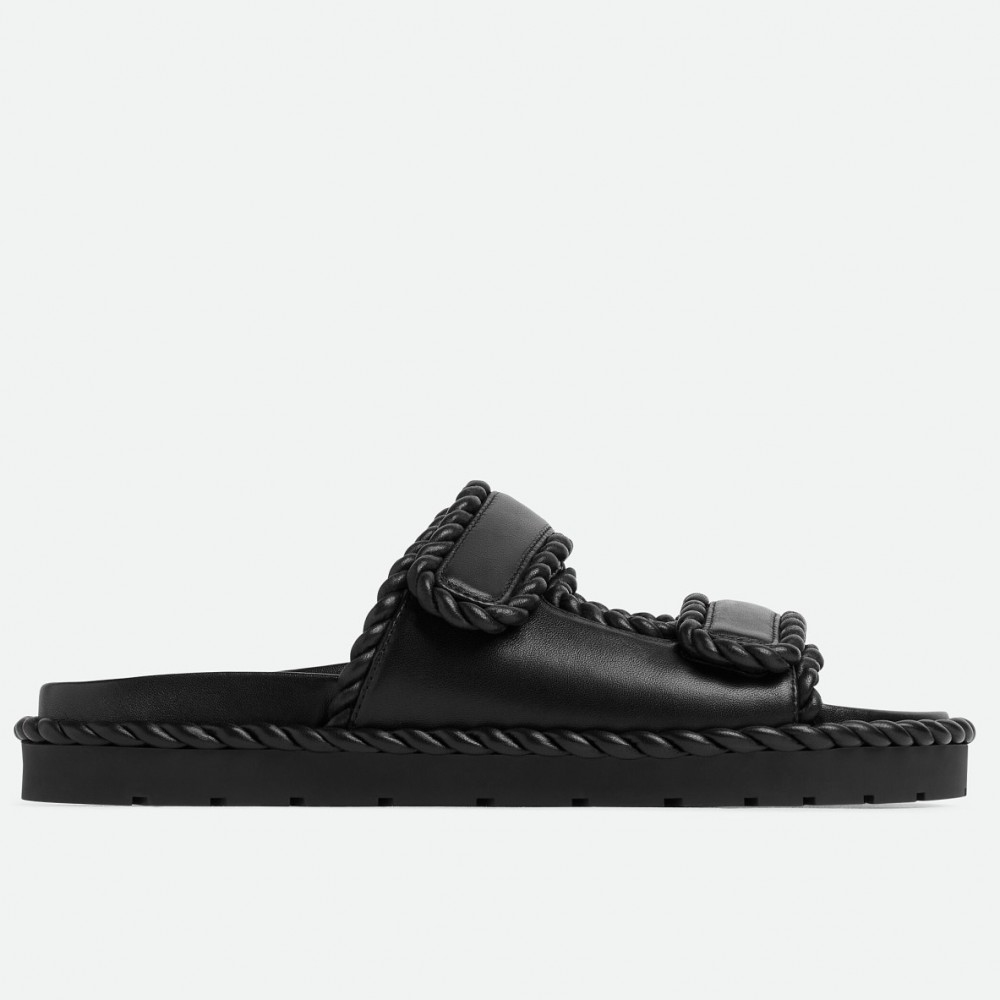 Bottega Veneta Jack Flat Slides in Black Lambskin TDSS12146