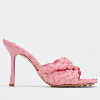 Bottega Veneta Stretch Sandals In Pink Intrecciato Raffia TDSS12257