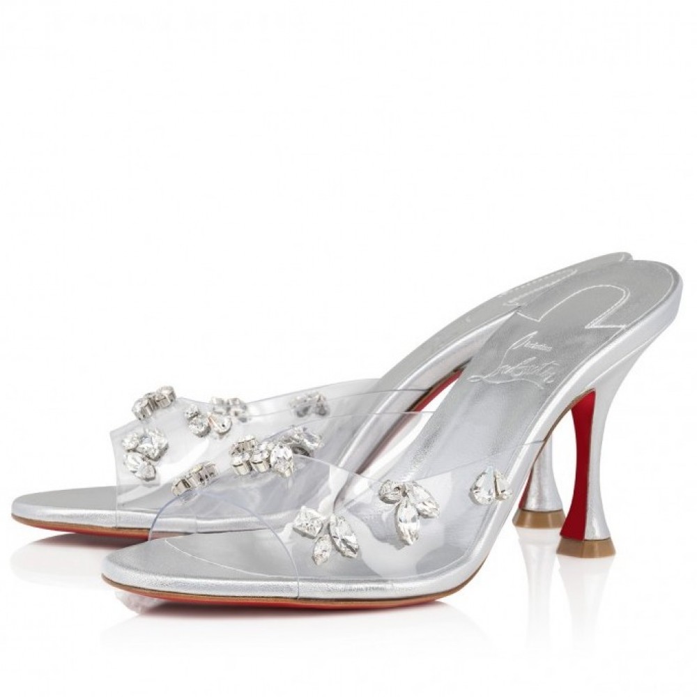 Christian Louboutin Degraqueenie 85mm Mules in Silver Leather with Crystals TDSS12331