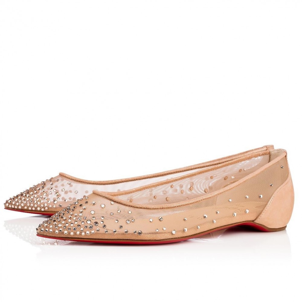 Christian Louboutin Follies Strass Flat Ballerinas In Nude Mesh TDSS12341