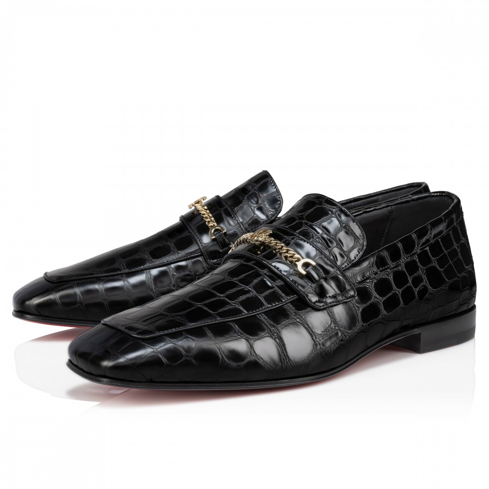 Christian Louboutin MJ Moc Loafers in Black Crocodile Embossed Leather TDSS12407