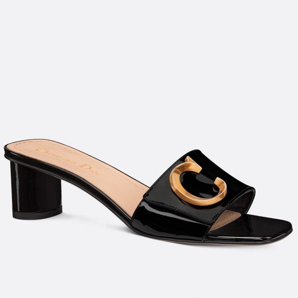 Dior C'est Heeled 50MM Slides in Black Patent Calfskin TDSS12529