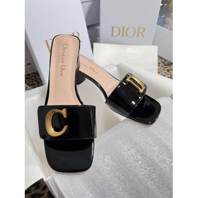 Dior C'est Heeled 50MM Slides in Black Patent Calfskin TDSS12529