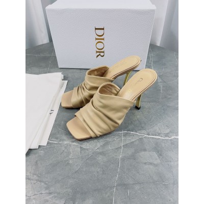 Dior D-Fame Heeled Sandals In Beige Pleated Lambskin TDSS12544