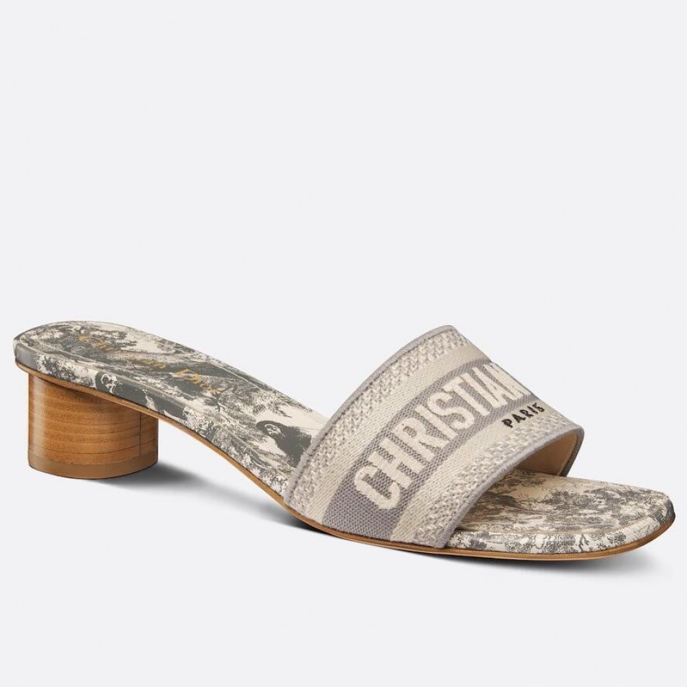 Dior Dioriviera Dway Heeled 35MM Slides in Grey Toile de Jouy Sauvage Cotton TDSS12572