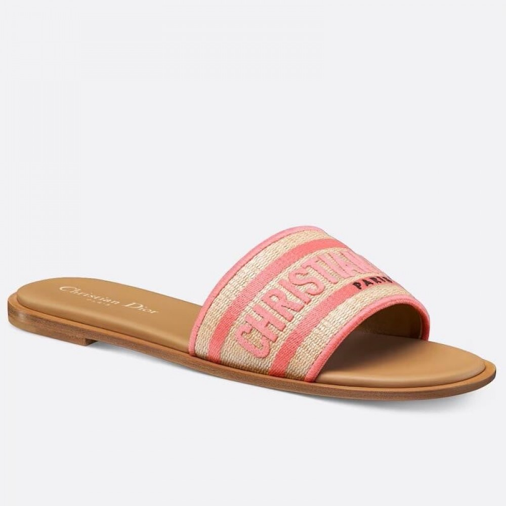 Dior Dioriviera Dway Slides in Raffia and Pink Embroidered Cotton TDSS12582