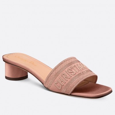 Dior Dway Heeled 35MM Slides in Blush Metallic Thread Embroidered Satin TDSS12594