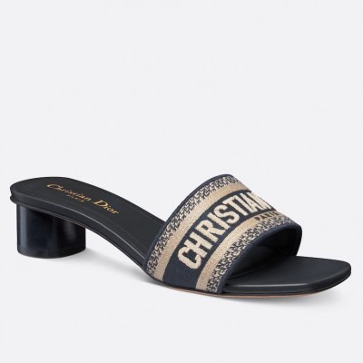 Dior Dway Heeled 35MM Slides in Deep Blue Embroidered Cotton TDSS12596