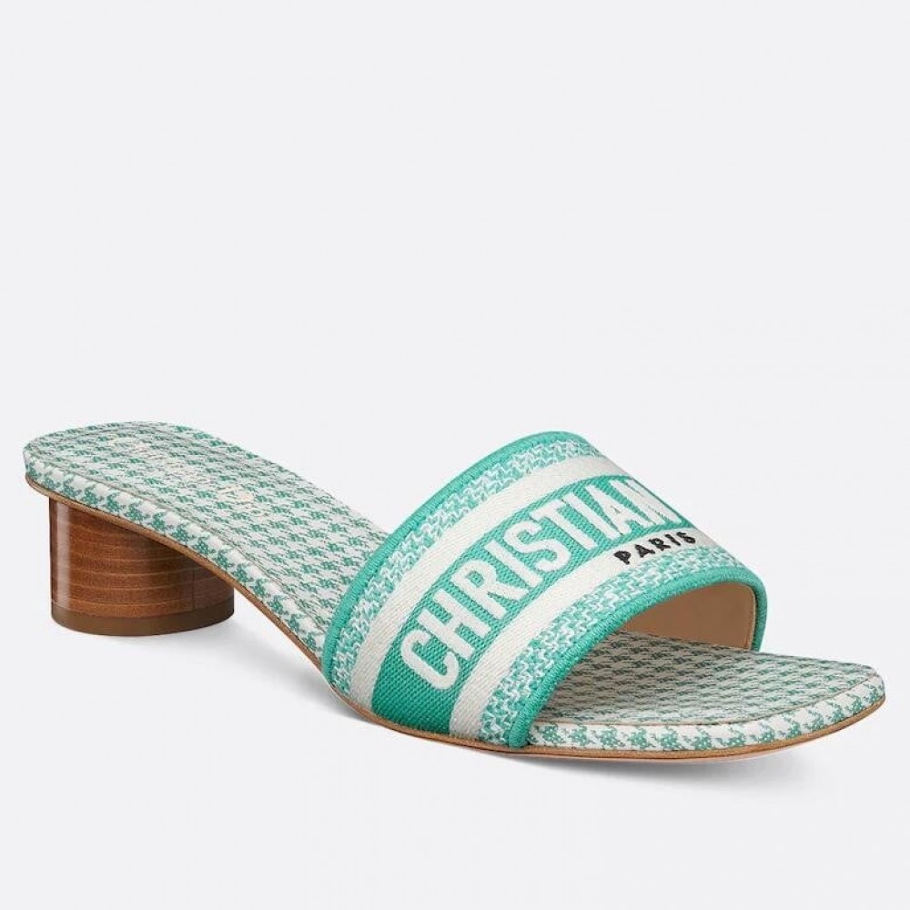 Dior Dway Heeled 35MM Slides in Green Houndstooth Embroidered Cotton TDSS12598