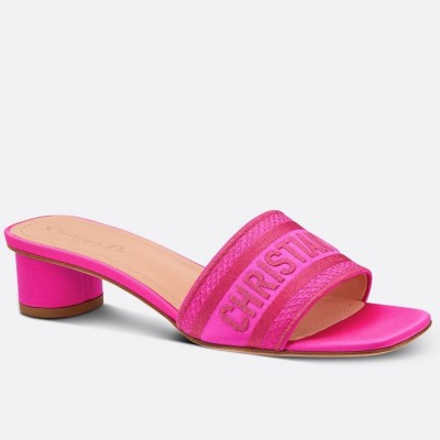 Dior Dway Heeled 35MM Slides in Pink Embroidered Satin and Cotton TDSS12600