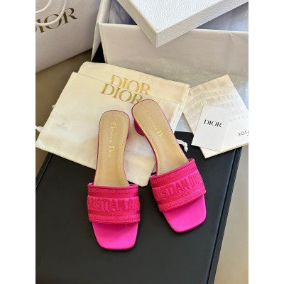 Dior Dway Heeled 35MM Slides in Pink Embroidered Satin and Cotton TDSS12600