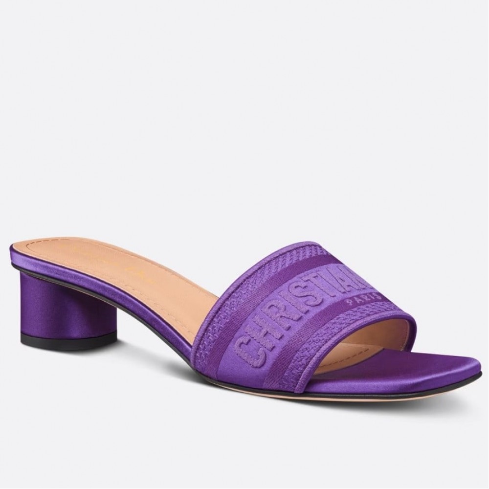 Dior Dway Heeled 35MM Slides in Purple Embroidered Satin and Cotton TDSS12601