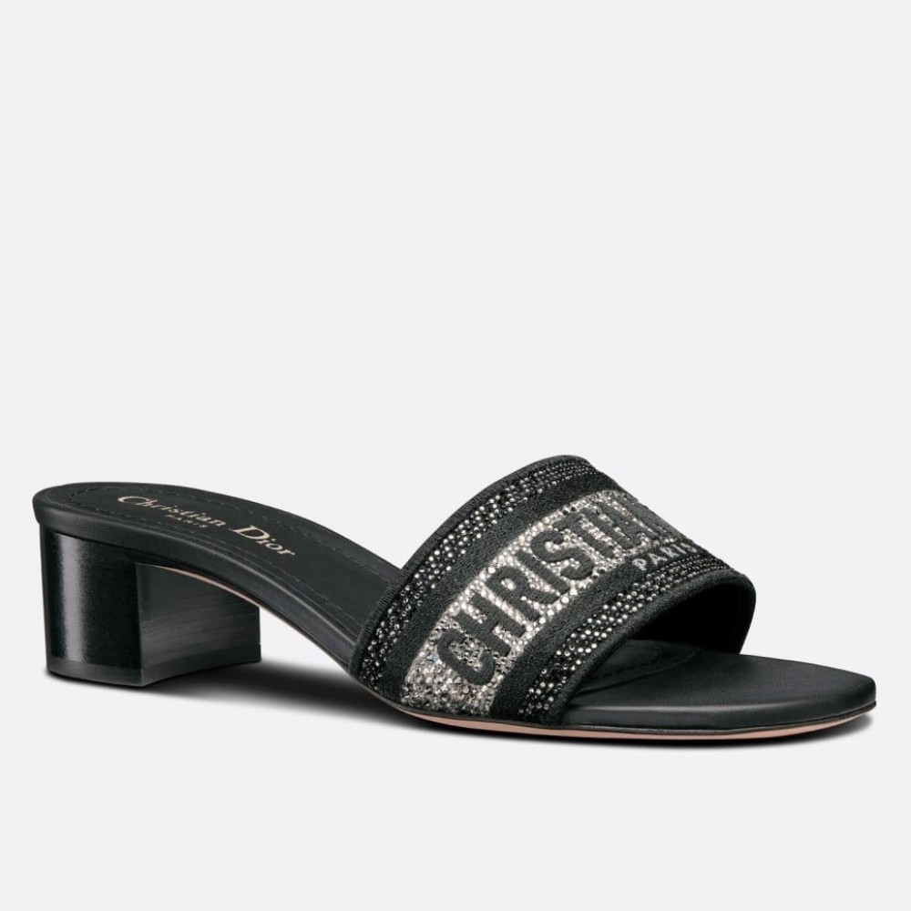 Dior Dway Heeled Black Slides with Metallic Thread and Strass TDSS12602