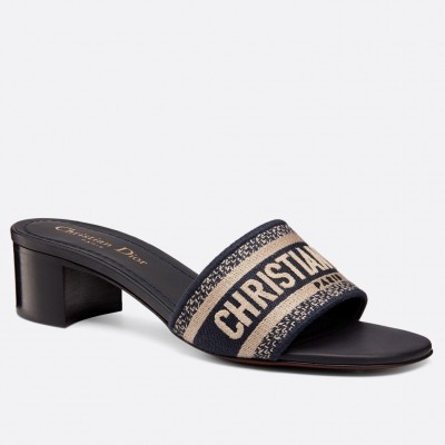 Dior Dway Heeled Slides In Deep Blue Embroidered Cotton TDSS12606