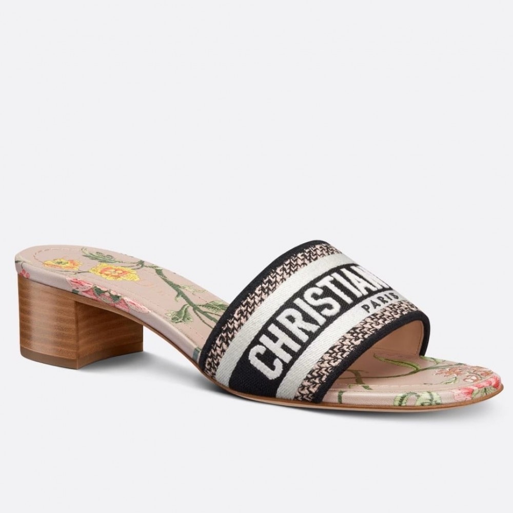 Dior Dway Heeled Slides In Powder Petites Fleurs Embroidered Cotton TDSS12609