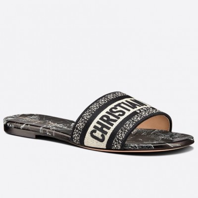 Dior Dway Slides In Black Around The World Embroidered Cotton TDSS12616