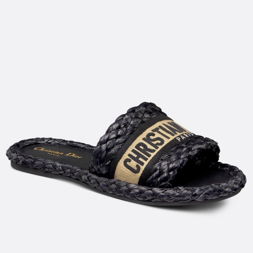 Dior Dway Slides In Black Embroidered Raffia and Cotton TDSS12618