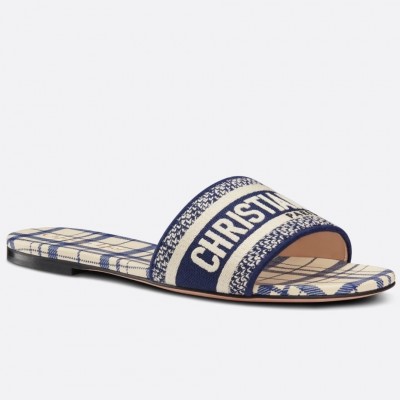 Dior Dway Slides In Blue Check'n'Dior Embroidered Cotton TDSS12621