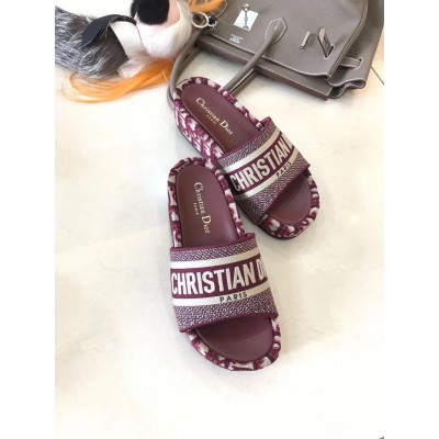 Dior Dway Slides In Bordeaux Oblique Embroidered Cotton TDSS12627