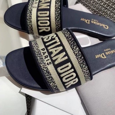 Dior Dway Slides In Deep Blue Embroidered Cotton TDSS12633