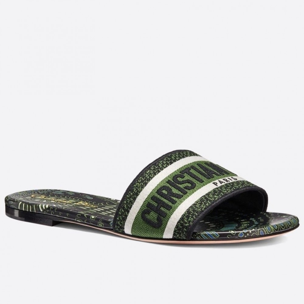 Dior Dway Slides In Green Animals Embroidered Cotton TDSS12641