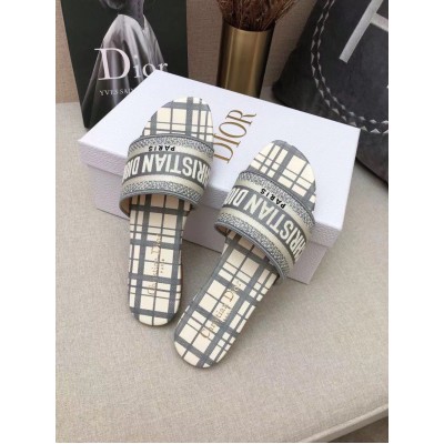 Dior Dway Slides In Grey Check'n'Dior Embroidered Cotton TDSS12644