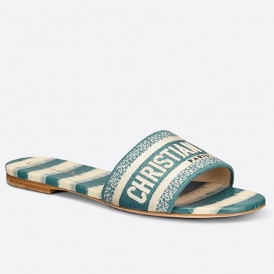 Dior Dway Slides In Ocean Blue D-Stripes Embroidered Cotton TDSS12656