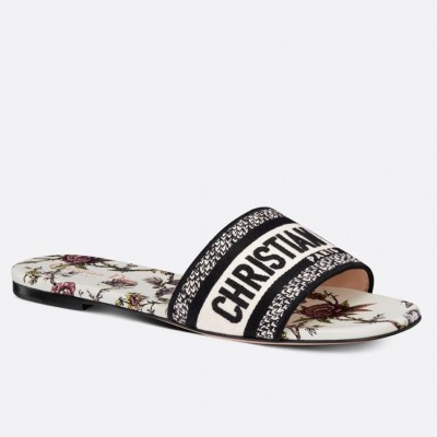 Dior Dway Slides In White Jardin Botanique Embroidered Cotton TDSS12665