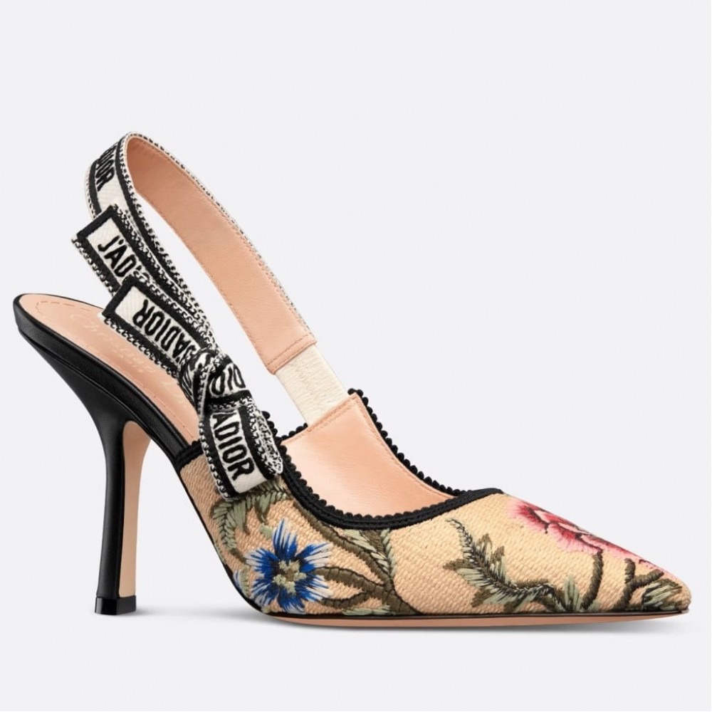 Dior J'Adior Slingback Pumps 100mm In Beige Petites Fleurs Embroidered Raffia TDSS12701