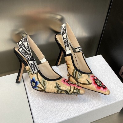 Dior J'Adior Slingback Pumps 100mm In Beige Petites Fleurs Embroidered Raffia TDSS12701