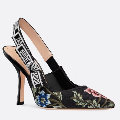 Dior J'Adior Slingback Pumps 100mm In Black Petites Fleurs Embroidered Cotton TDSS12705