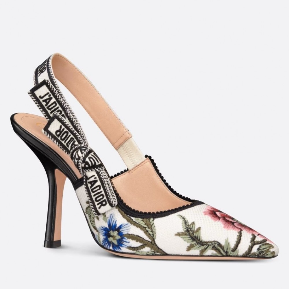 Dior J'Adior Slingback Pumps 100mm In White Petites Fleurs Embroidered Cotton TDSS12719