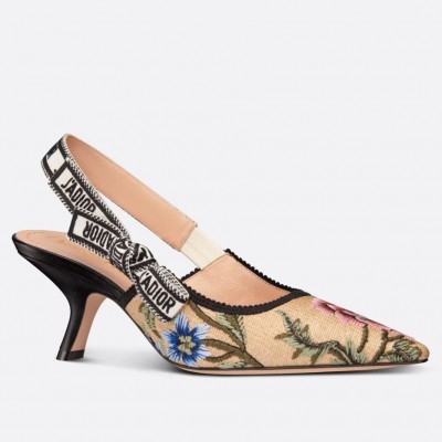 Dior J'Adior Slingback Pumps 65mm In Beige Petites Fleurs Embroidered Raffia TDSS12720