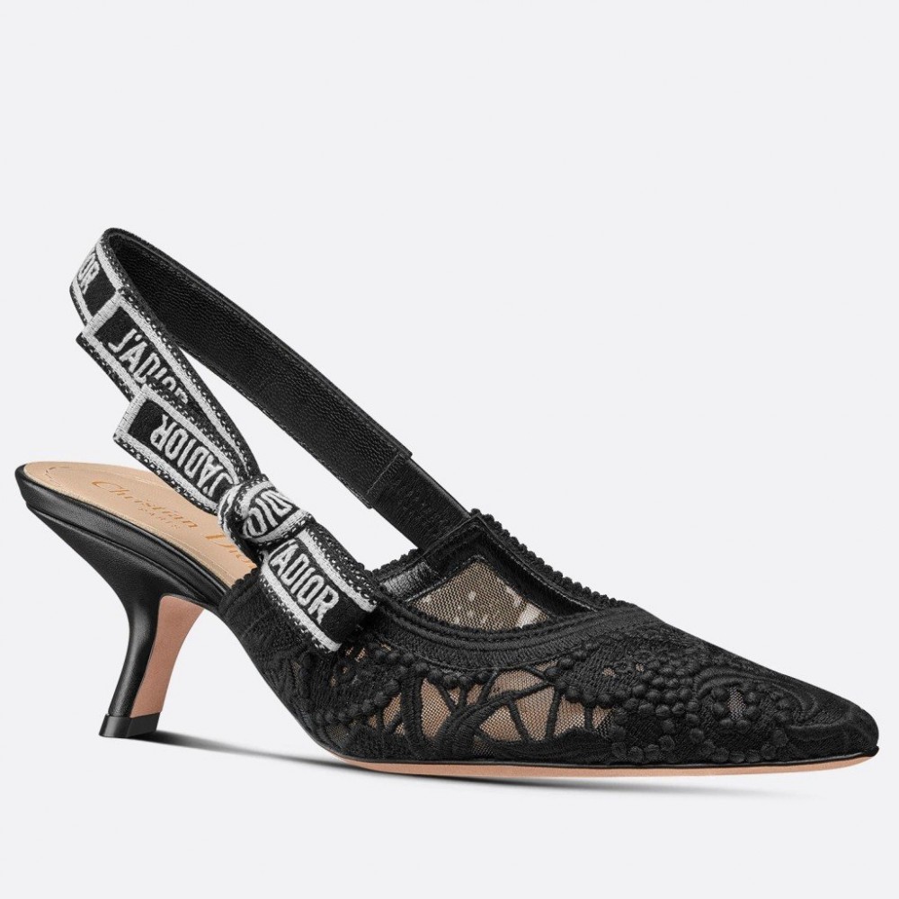 Dior J'Adior Slingback Pumps 65mm In Black Macrame Embroidered Cotton TDSS12724