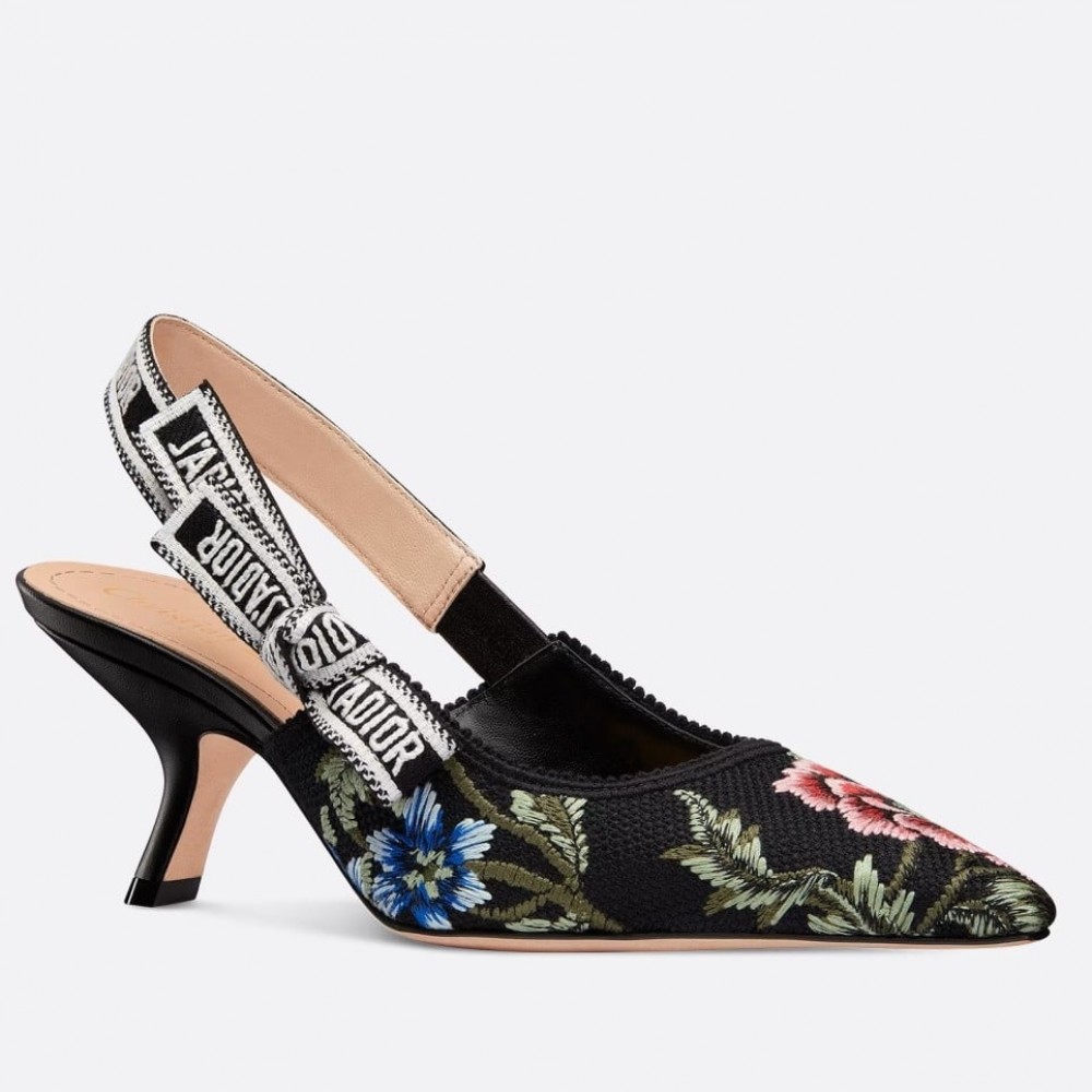 Dior J'Adior Slingback Pumps 65mm In Black Petites Fleurs Embroidered Cotton TDSS12728