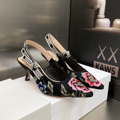 Dior J'Adior Slingback Pumps 65mm In Black Petites Fleurs Embroidered Cotton TDSS12728