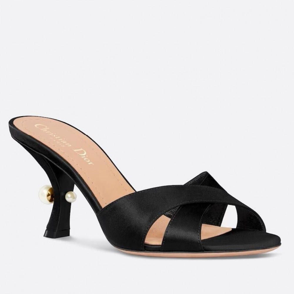 Dior Tribales Heeled Slide Sandals in Black Satin TDSS12826