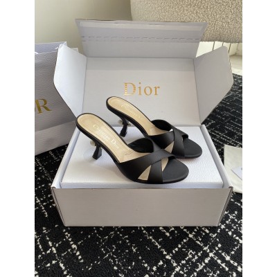 Dior Tribales Heeled Slide Sandals in Black Satin TDSS12826