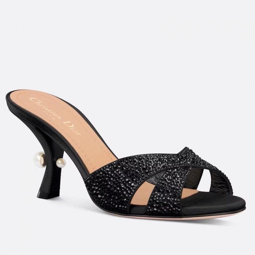 Dior Tribales Heeled Slide Sandals in Black Suede and Strass TDSS12827