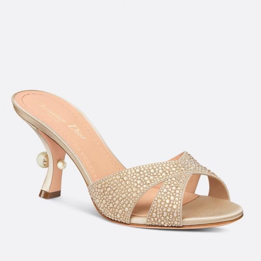 Dior Tribales Heeled Slide Sandals in Nude Suede and Strass TDSS12829