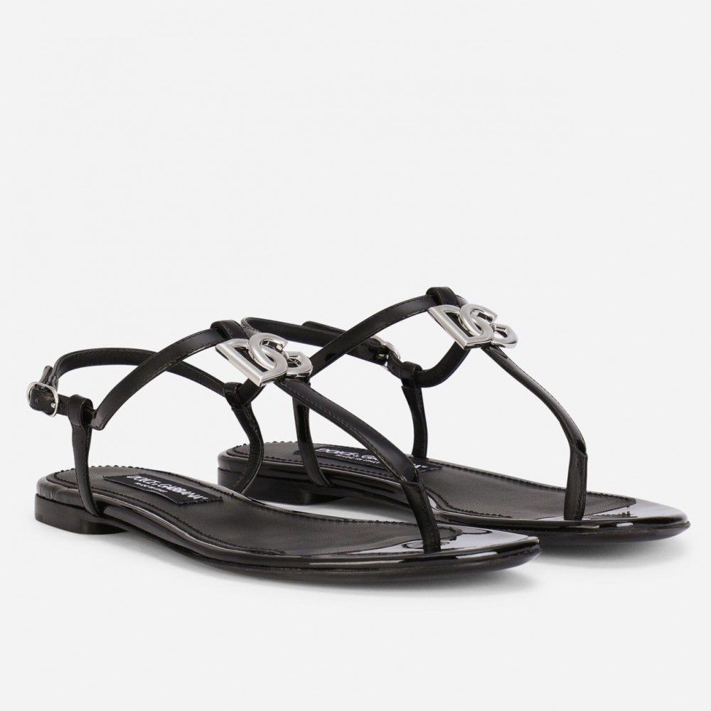 Dolce & Gabbana DG Thong Sandals In Black Patent Leather TDSS12890