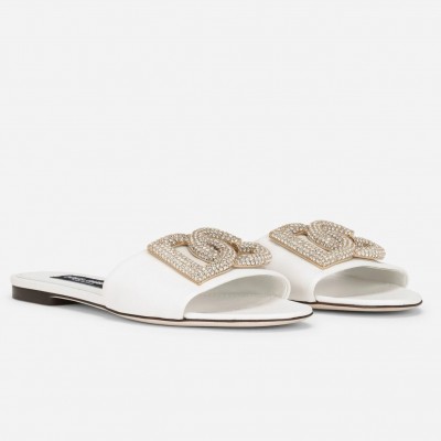 Dolce & Gabbana White Slides with Rhinestone DG Logo TDSS12939