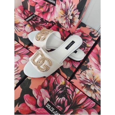 Dolce & Gabbana White Slides with Rhinestone DG Logo TDSS12939