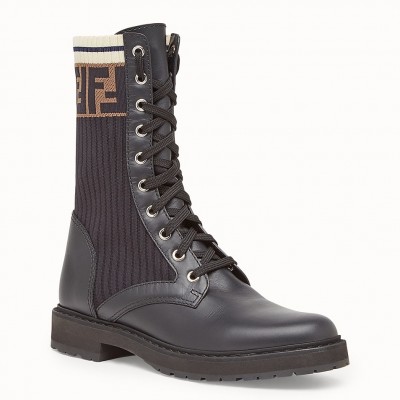 Fendi Ankle Boots In Black Leather With Stretch Fabric TDSS12964