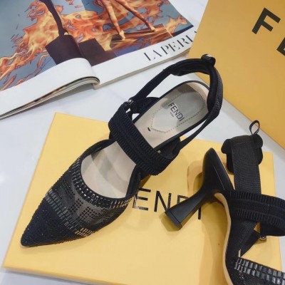 Fendi Black Mesh Colibri Slingbacks 55mm With Rhinestone TDSS12972