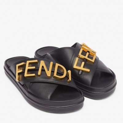 Fendi Fendigraphy Slides In Black Calfskin TDSS12982