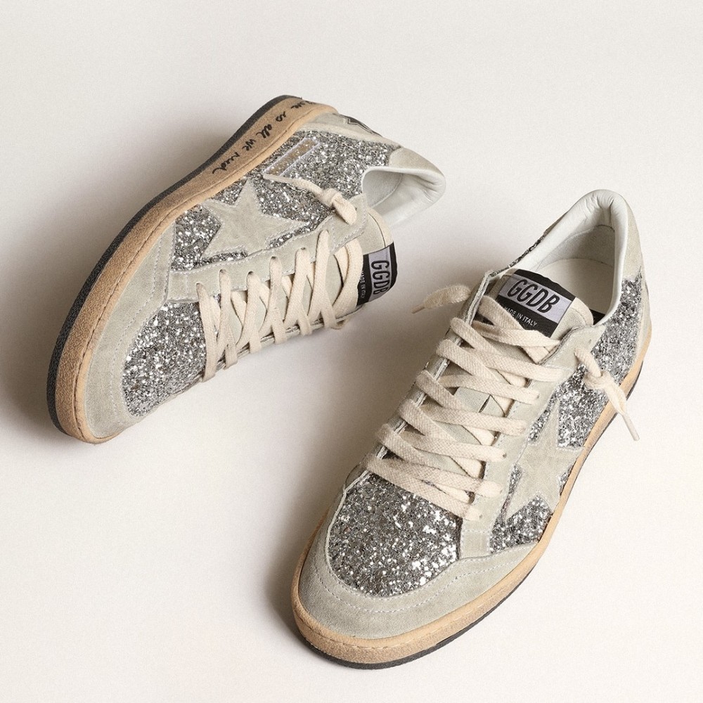 Golden Goose Ball Star Sneakers in Silver Glitter and Suede TDSS13025