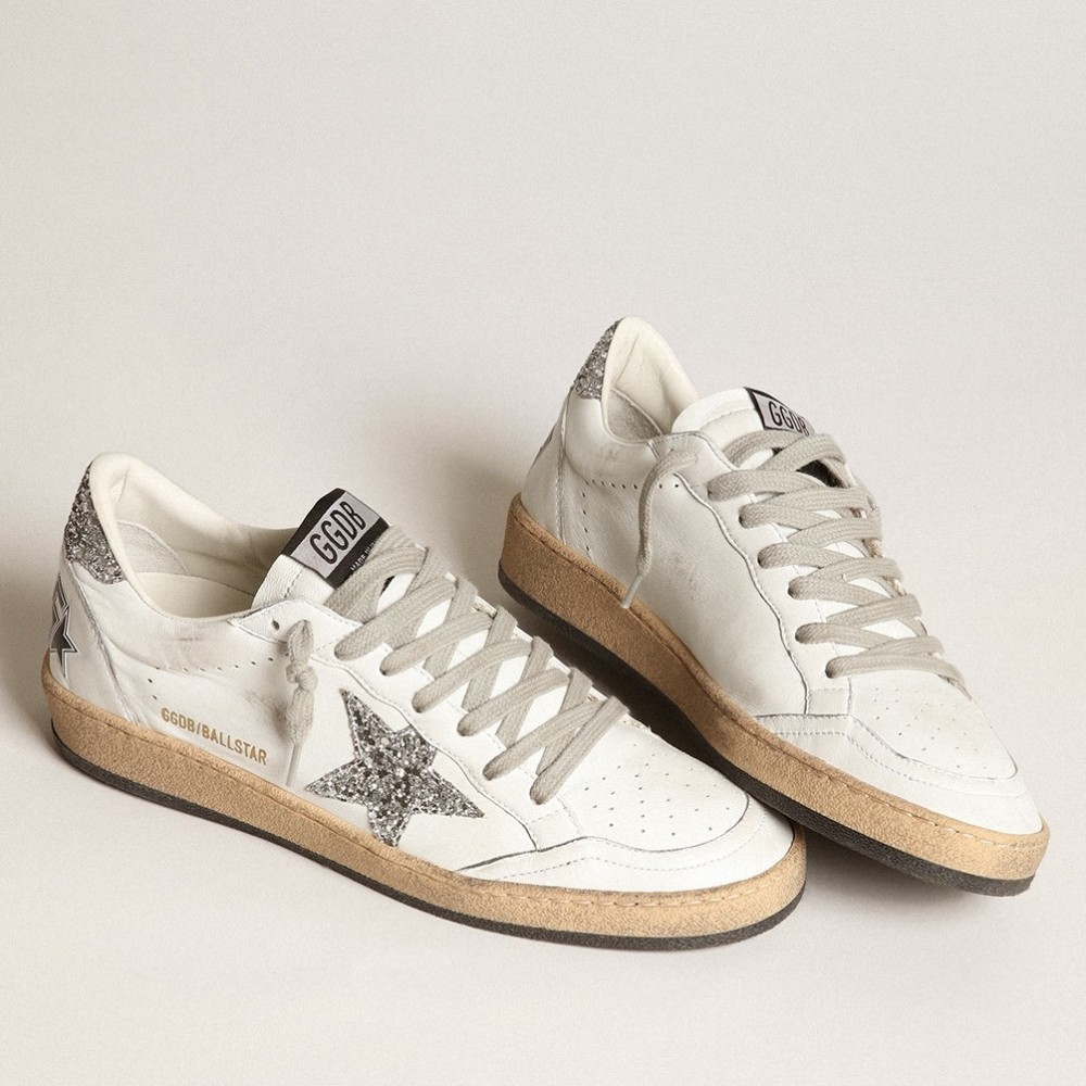 Golden Goose Ball Star Sneakers with Silver Glitter Star and Heel Tab TDSS13032