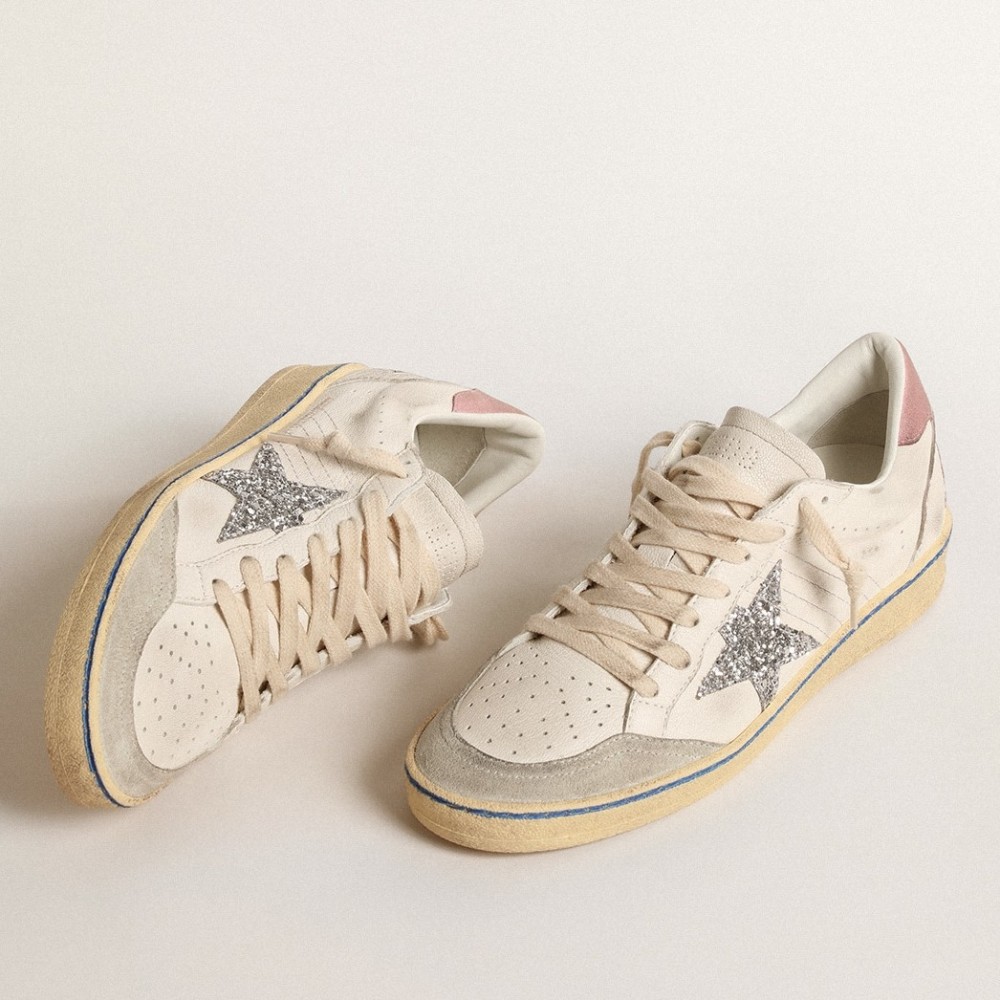 Golden Goose Ball Star Sneakers with Silver Glitter Star and Pink Suede Heel Tab TDSS13033